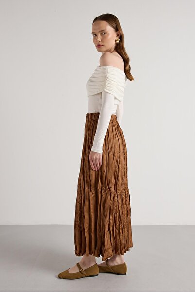 minaaise Women's Tan Suede Long Elastic Waist Skirt 30104