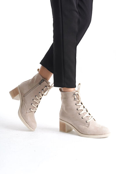 Joy Ayakkabı Lena Lace-Up Zippered Orthopedic Sole Heeled Suede Women's Boots - Tan