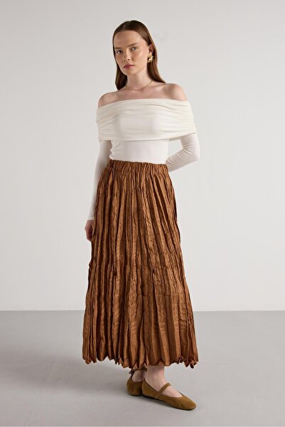 minaaise Women's Tan Suede Long Elastic Waist Skirt 30104