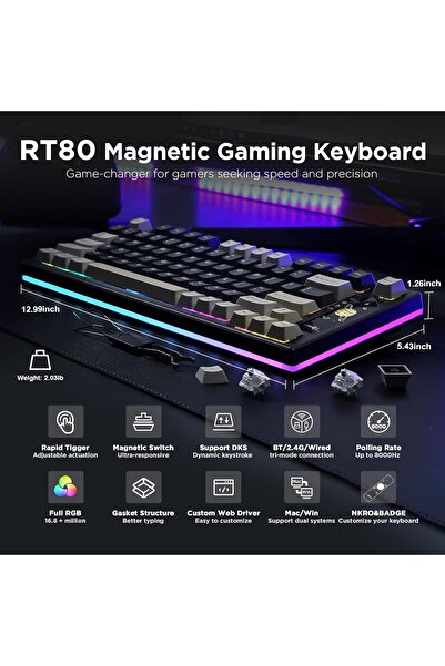 YUNZII لوحة مفاتيح ألعاب مغناطيسية RT80 بتأثير هول، 82 مفتاحًا RGB، قابلة للتبديل السريع (أسود، أبيض جاتيرون)
