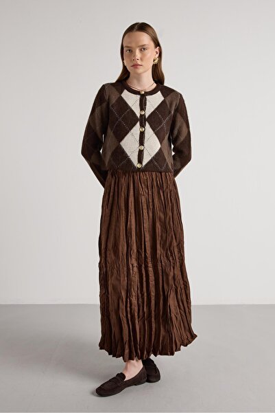 minaaise Women's Brown Suede Long Elastic Waist Skirt 30104