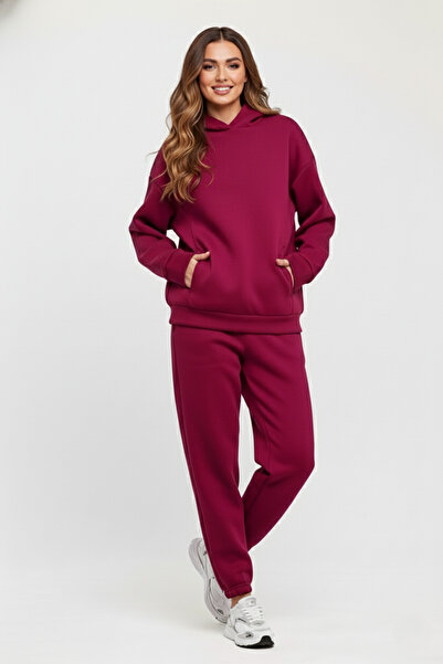 ESPİNA Γυναικείο Σετ Φόρμας oversized τεμαχίων με επένδυση fleece τσέπες-Βισένι