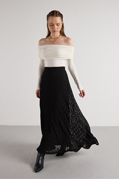 minaaise Women's Black Lined Long Lace Skirt 30052