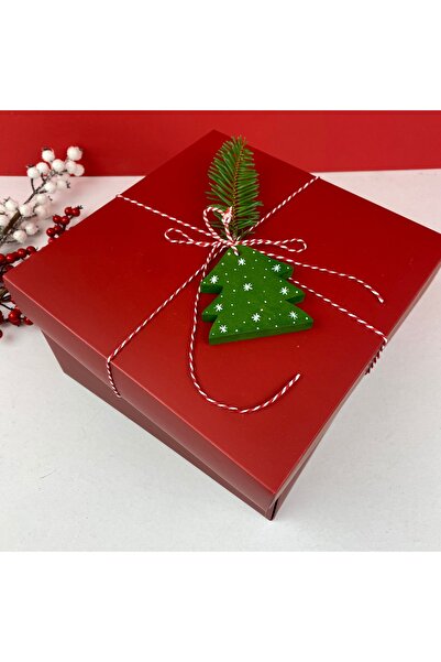 Zeta Collection Yılbaşı Kırmızı, Ahşap Çam Ağaçlı Boş hediye kutusu- 25 cmx25...