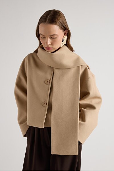 minaaise Kadın Taş Atkı Detaylı Kısa Kaşe Kaban 30046