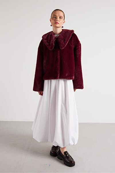 minaaise Palton de blană pentru femei, bordeaux, cu guler mobil, 30082