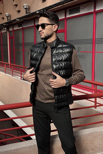 inpool Men'S, Stand-Up Collar, Slim-Fit, Water-Resistant, Leather Vest 2218