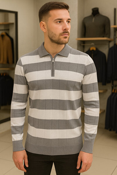 Maccali Men's Casual Long Sleeve Gray Knitwear Striped Sweater