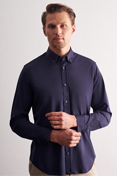 İmza Синя сорочка з ґудзиками на комірі, довгими рукавами, облягаючим кроєм та еластичною тканиною 1004255270