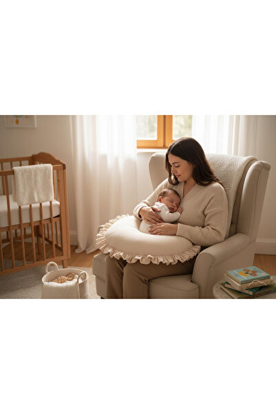 LinoaBaby Emzirme Yastığı Minderi - %100 Pamuk - Naturel Fırfırlı