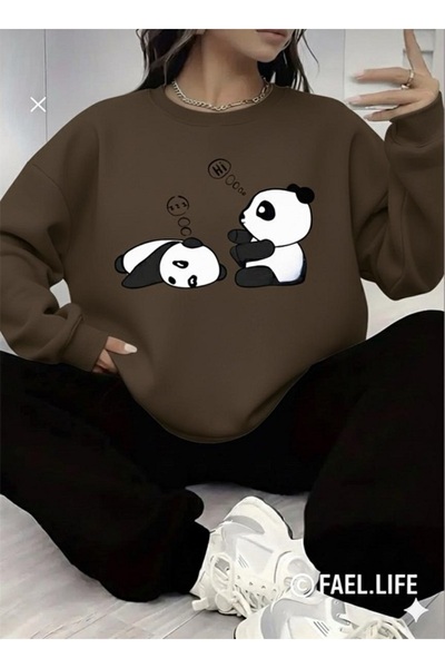 FAEL LİFE طقم رياضي من القطن بياقة دائرية وطباعة باندا كسول بقصة فضفاضة