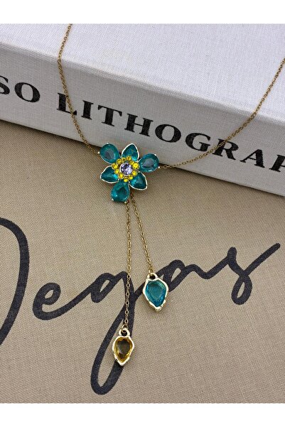 Hedef Bijuteri Steel Gold Turquoise Colored Zircon Stone Elevator Flower Model Y Necklace
