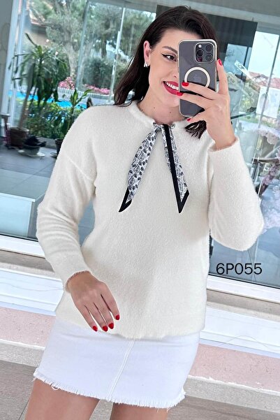 İnce Topuk بلوزة تريكو ذات اللون الرمادي من سلسلة Prive مع وشاح 6p055