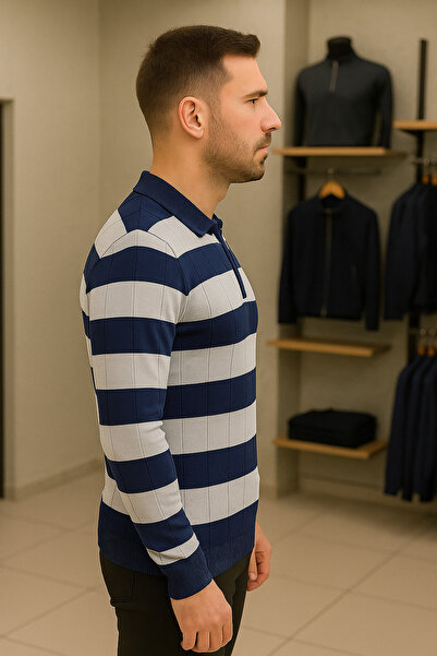 Maccali Чоловічий щоденний светр з довгими рукавами, синій трикотаж, смугастий