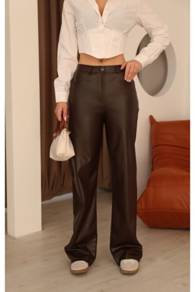 AREF JEANS Kadın Kahverengi Deri Pantolon