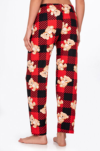 Kompedan Kadın Süet Kırmızı Kareli Ayıcık Desenli Pijama Tek Alt