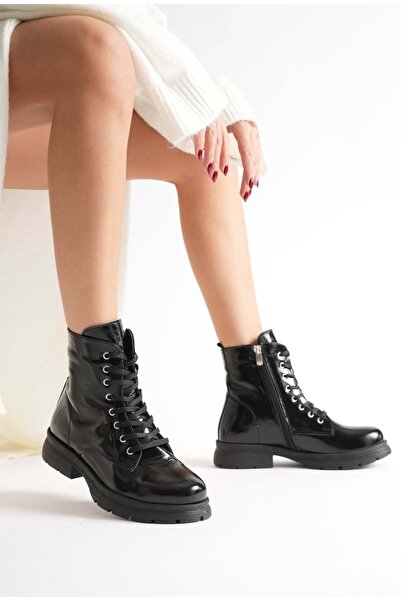 ANALİN SHOES Kadın Hakiki Deri Bağcıklı Fermuarlı Rahat Postal Bot - Siyah Rugan