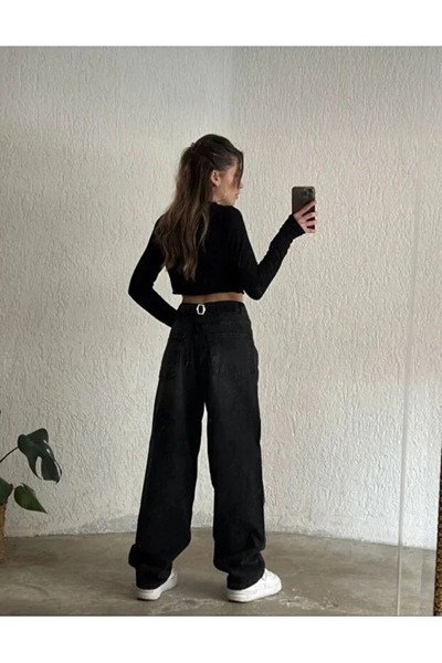 civetta Women's Black High Waist Belt Detailed Wide Leg Comfortable Fit Baggy Pants