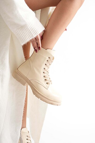 ANALİN SHOES Women's Genuine Leather Lace-Up Zippered Comfortable Boots - Beige Patent Leather