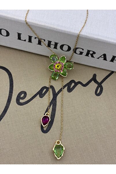 Hedef Bijuteri Steel Gold Green Colored Zircon Stone Elevator Flower Model Y Necklace