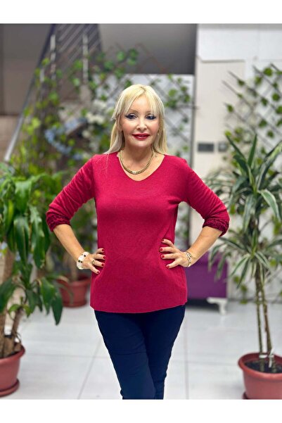 Punta Otantik Nc1202 Round Neck Knitwear with Leopard Inside Small Fit Blouse Burgundy