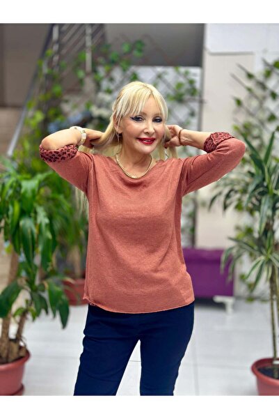 Punta Otantik Nc1202 Round Neck Knitwear with Leopard Inside Small Fit Blouse Tile