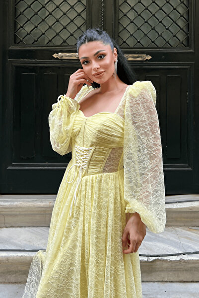 giyimmasalı Dantel Kumaş Balen Detaylı Abiye Elbise - SARI