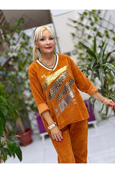 Punta Otantik Nc24155 Leopard Printed Italian Velvet Suit Orange