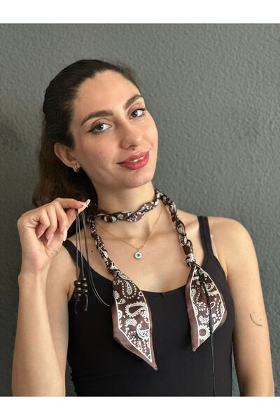 Gönülden Tasarım Satin Beaded Women's Neck Tie Scarf Accessory 110 cm Brown