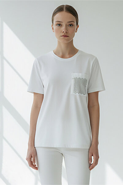 Allyco Crew Neck Pocket Printed Regular Knitted White T-Shirt