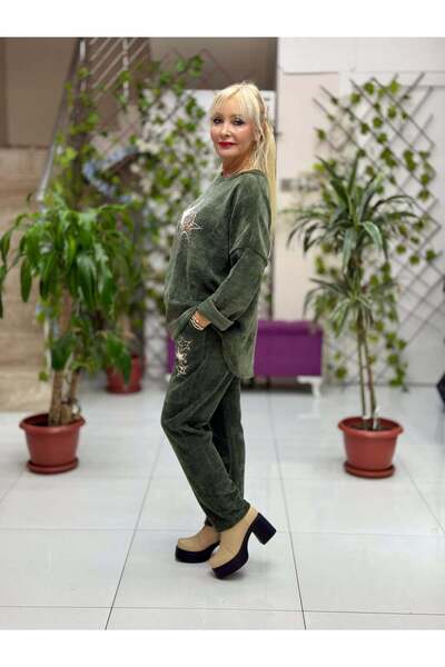 Punta Otantik Nc23081 Star Patterned Stone Italian Velvet Suit Green