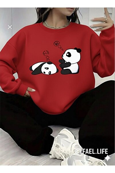 FAEL LİFE طقم رياضي من القطن بياقة دائرية وطباعة باندا كسول بقصة فضفاضة