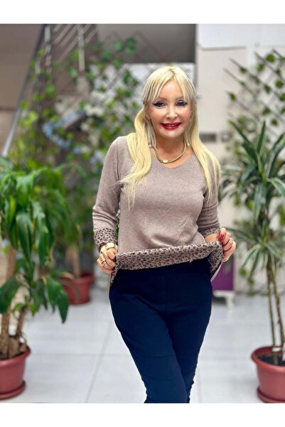 Punta Otantik Nc218181 Round Neck Knitwear with Leopard Inside Large Size Blouse Mink