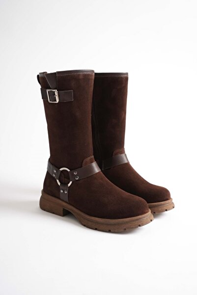 ANALİN SHOES Women's Genuine Leather Accessory Detailed Riding Boots - Brown Suede