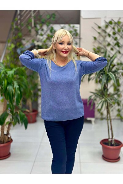 Punta Otantik Nc1202 Leopard Inside Round Neck Knitwear Small Fit Blouse Blue