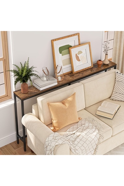 Cozara Two narrow-edged side tables, a slim sofa table, a long table behind the sofa