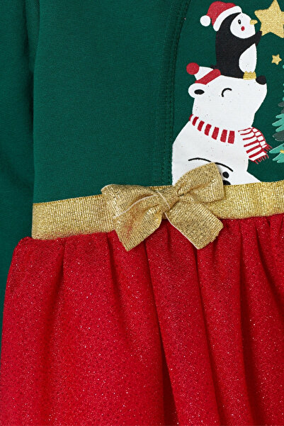 Le Mabelle Green Pine Tree Printed Baby Girl Dress with Tulle Skirt - Betty