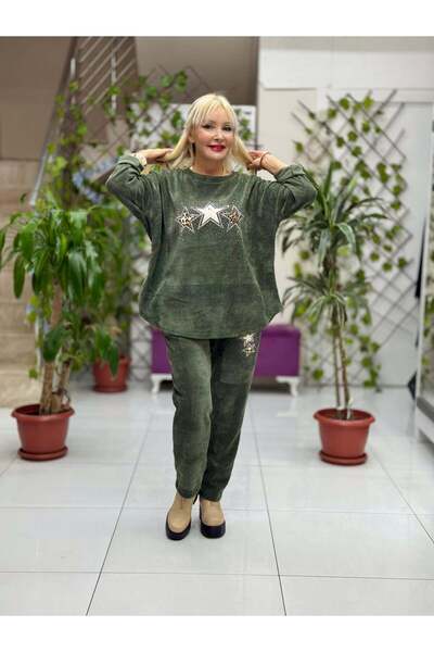 Punta Otantik Nc23081 Star Patterned Stone Italian Velvet Suit Green