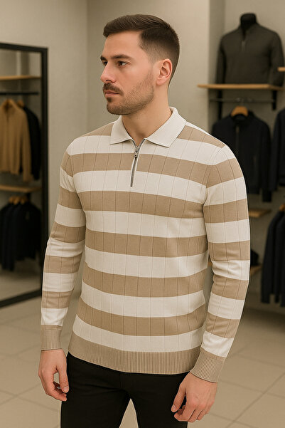 Maccali Men's Casual Long Sleeve Cream Knitwear Striped Sweater