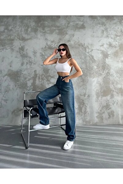 civetta Women's Blue High Waist Belt Detailed Wide Leg Comfortable Fit Baggy Pants