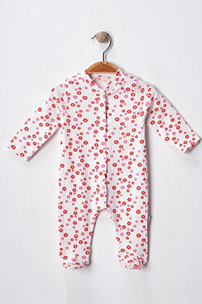 Noone White Daisy Patterned Baby Romper - Long Sleeve Footed Soft Combed Cotton Fabric