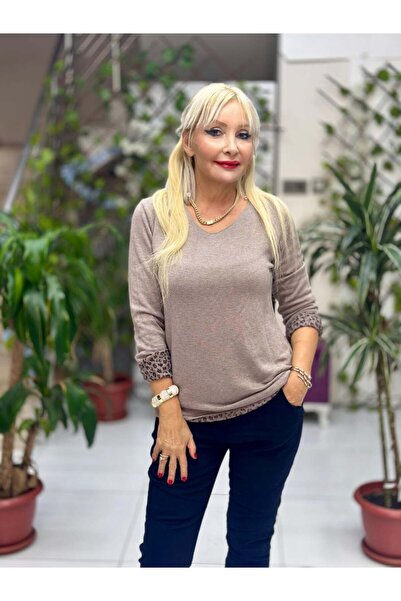 Punta Otantik Nc1202 Round Neck Knitwear with Leopard Inside Small Fit Blouse Mink