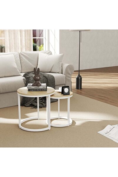 Danube Home مجموعة أسجارد من طاولتين دائريتين متداخلتين - طاولات أنيقة لغرفة المعيشة من خشب البلوط والأبيض