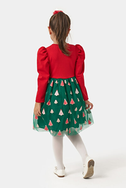 Le Mabelle Yeşil Eteği Çam Ağaçlı Kız Çocuk Elbise - Nomi
