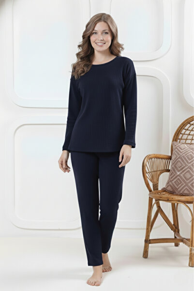 Farya Home Cotton Thick Winter Interlock Striped Long Sleeve Knitted Pajama Set