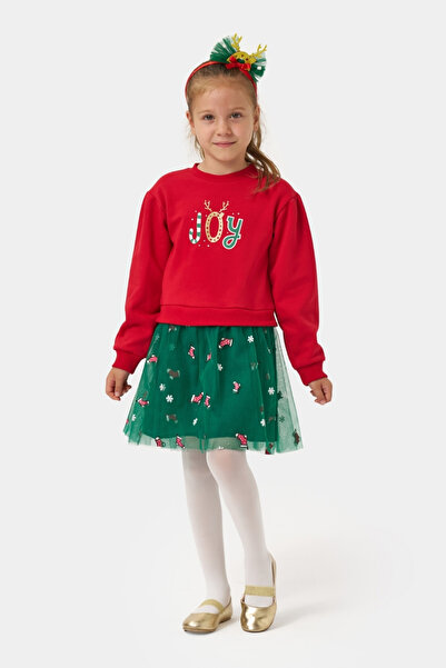 Le Mabelle Red Joy Printed Girls' Dress with Tulle Skirt - Fragile