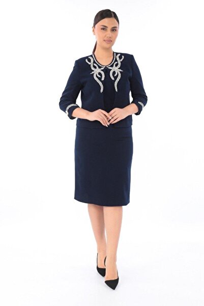 MİSS DİAMOND Jacket Elegant Stone Navy Blue Short Skirt Three-Piece Suit