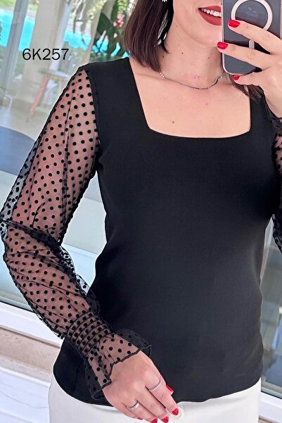 İnce Topuk Square Neck Sleeve Scored Knitwear Blouse 6K257