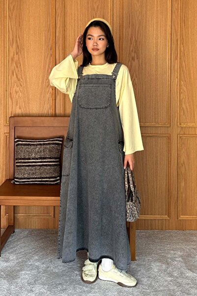 Ceylan Otantik Butter Yellow Bodysuit & Anthracite Denim Skirt Salopet Set