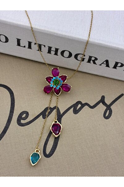 Hedef Bijuteri Steel Gold Purple Colored Zircon Stone Elevator Flower Model Y Necklace